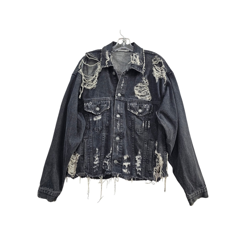 Carmar Denim Distressed Jacket Womens XS Black Shredded Ripped Cotton Trucker